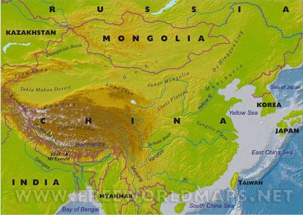 mapa de China con características geográficas