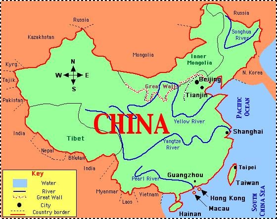 Mapa de China con los ríos y las montañas