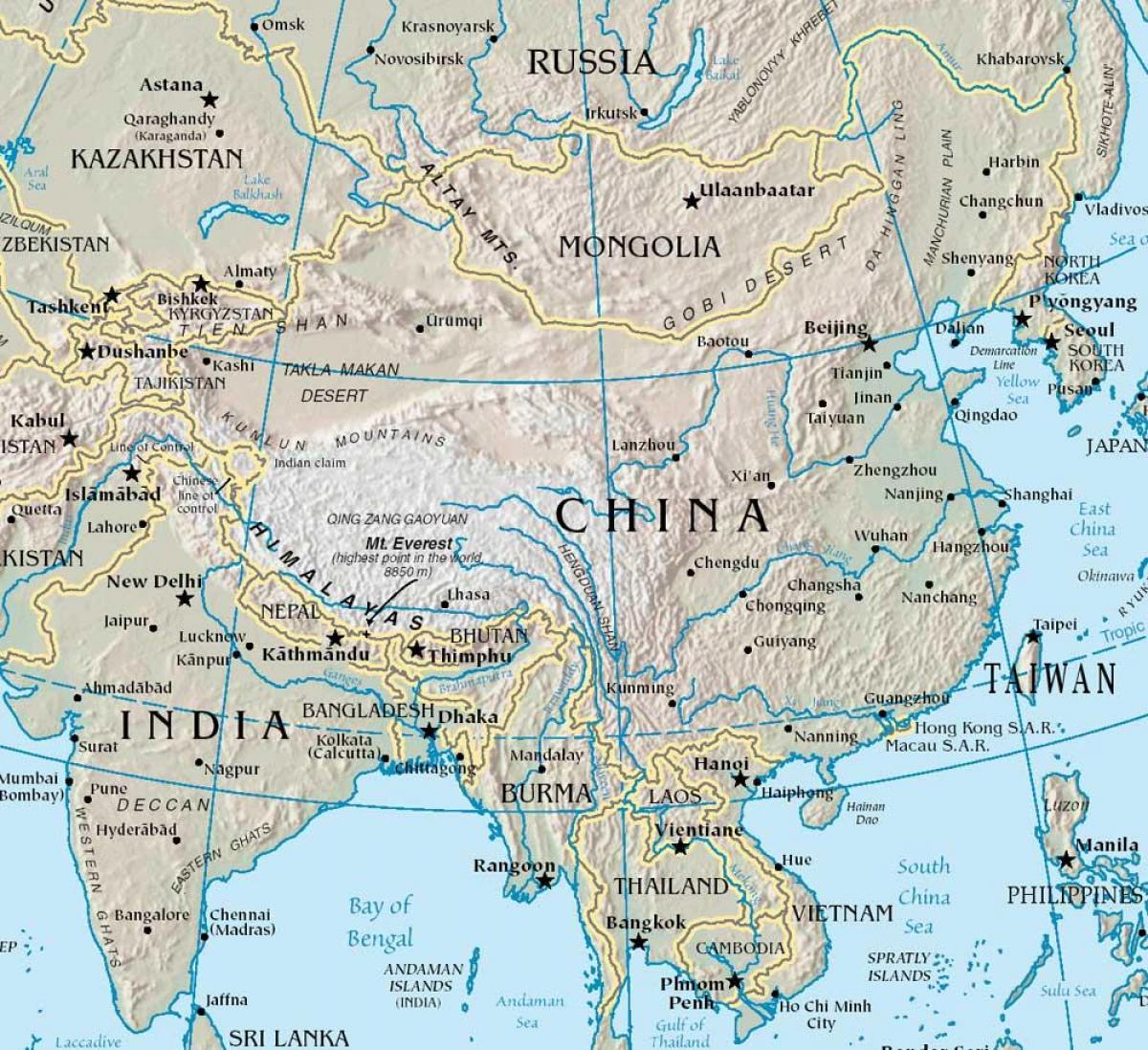 mapa de China con montañas