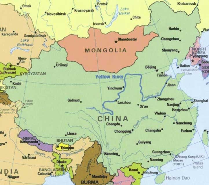 río amarillo en el mapa de China